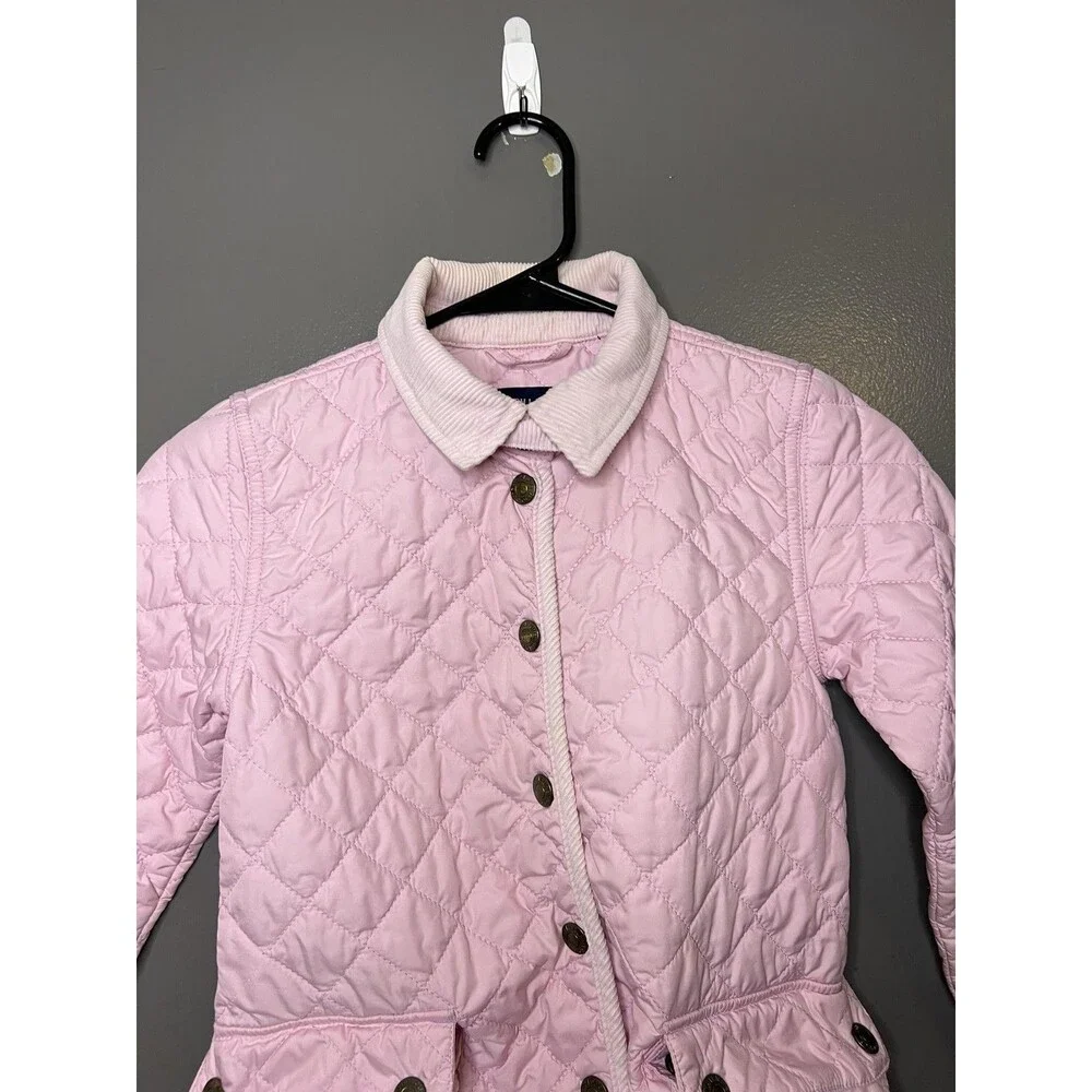 Ralph Lauren Jacket Girls 7 Pink Quilted Snap Front Corduroy Collar Pockets